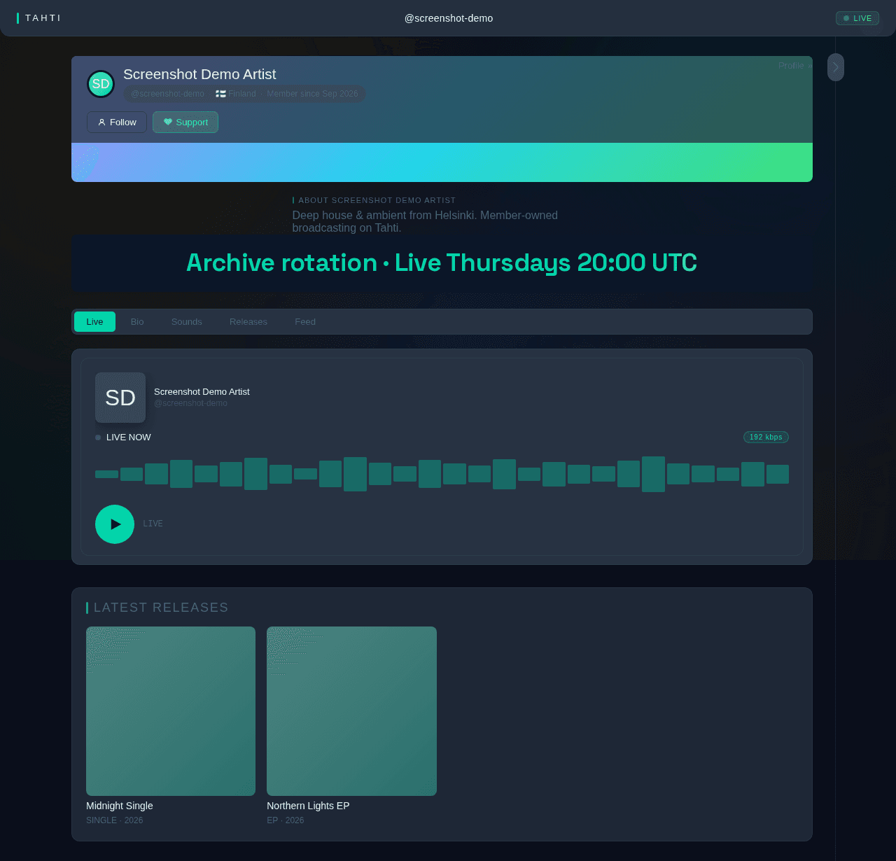 Channel page — live broadcast, archive, and chat